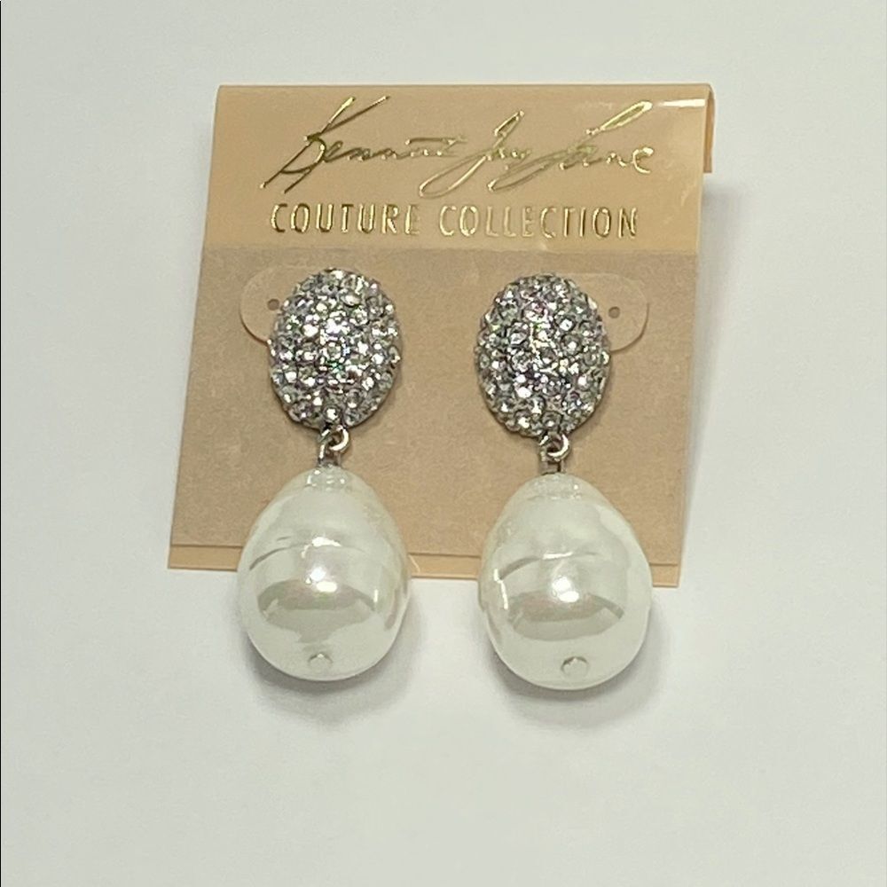 Kenneth Jay Lane White Pearl Drop Earrings with Rhinestone Studs